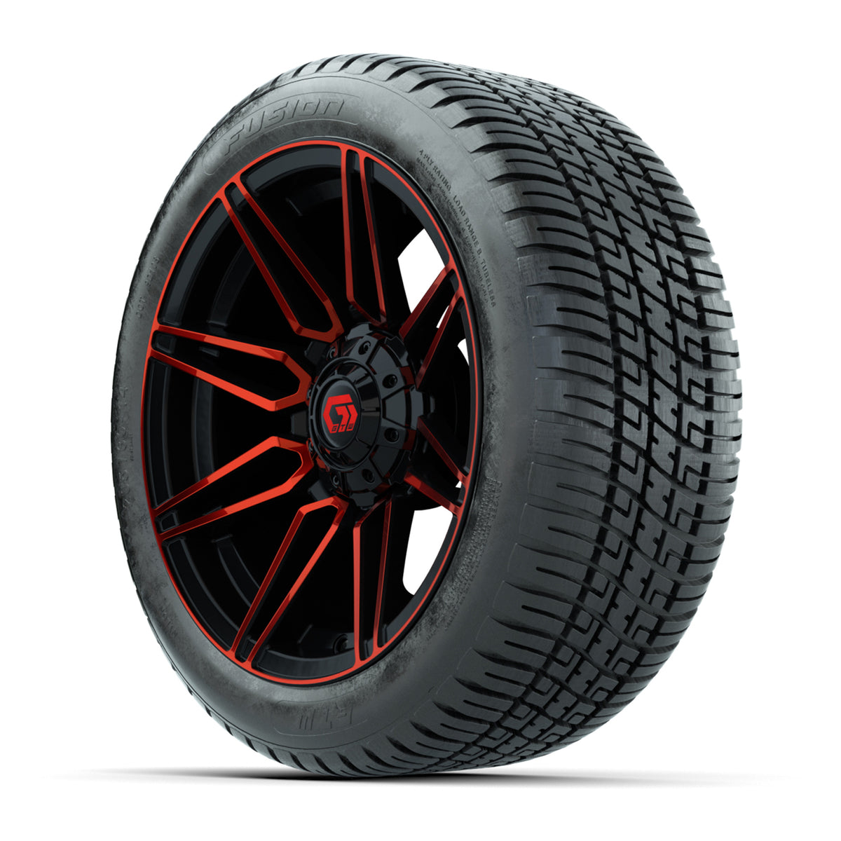 GTW® Stealth Gloss Black/Red 14 in Wheels with 205/30-14 Fusion Street Tires Full Set