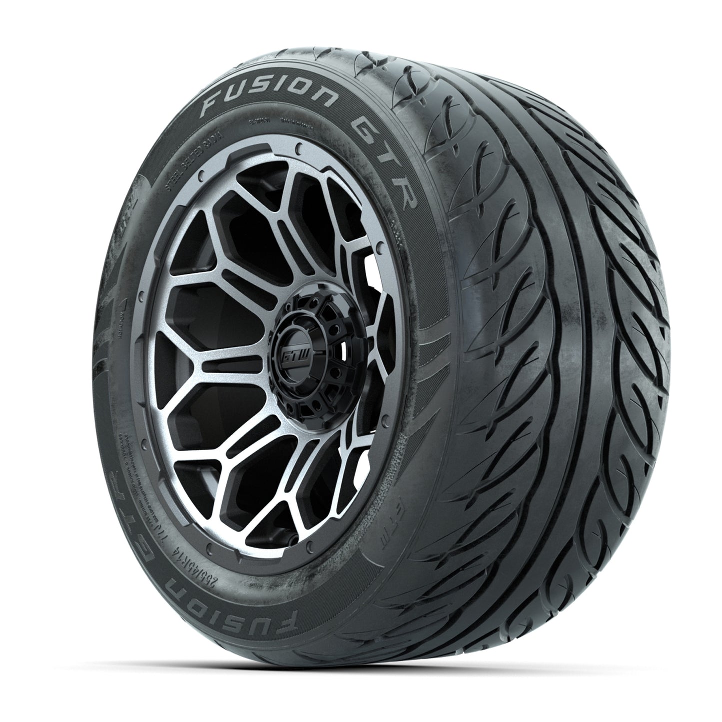 14" GTW® Bravo Matte Gray/Machined Golf Cart Wheels & 255/45-R14 Fusion GTR Radial Street Tires (Set of 4)