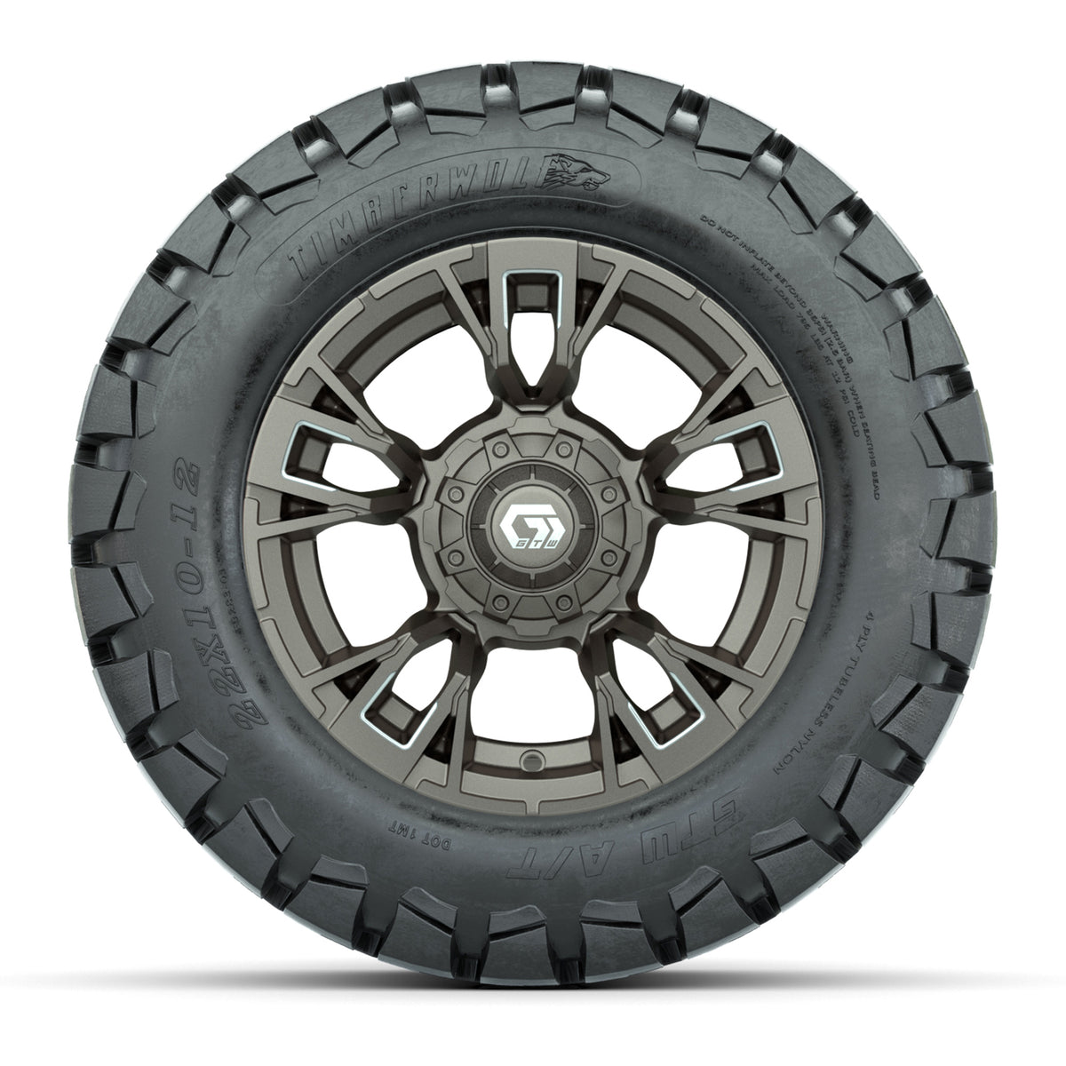 GTW® Vandal Satin Bronze/Machined 12 in Wheels with 22x10-12 Timberwolf All-Terrain Tires Full Set