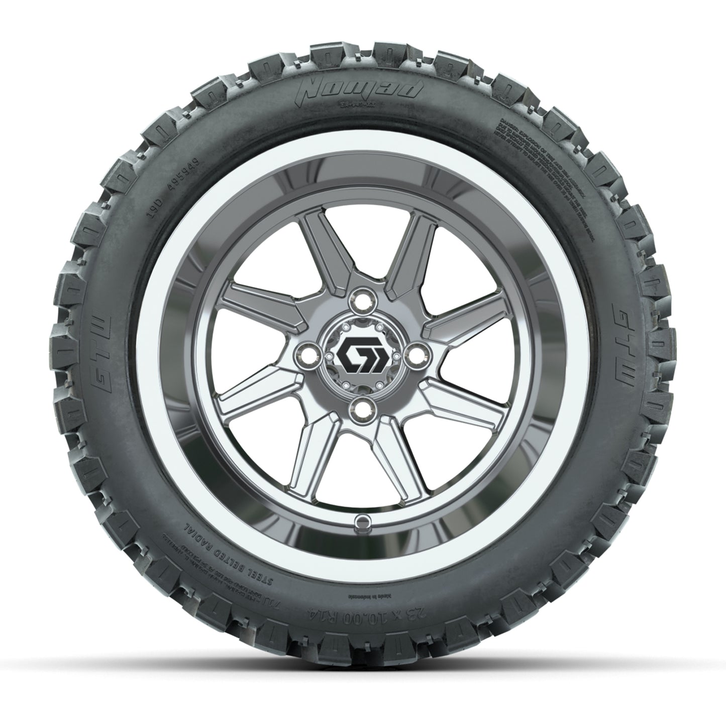 GTW Reaper Chrome 14" Golf Cart Wheels & 23X10-R14 Nomad Steel Belted Radial A/T Tires – Set of 4