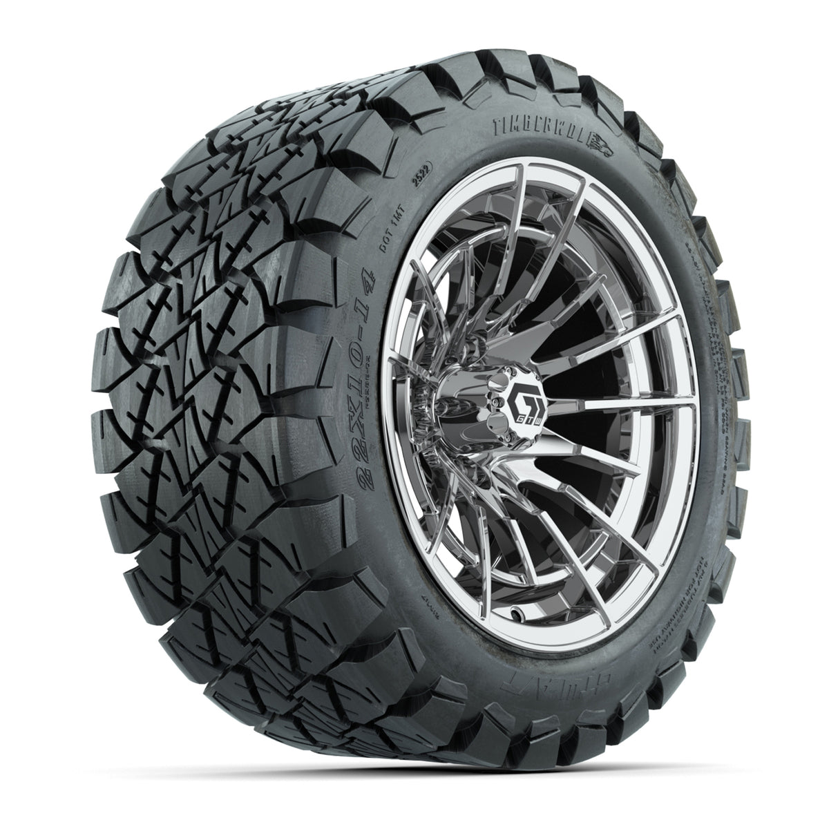 GTW® Boost Chrome 14 in Wheels with 22x10-14 Timberwolf All-Terrain Tires Full Set