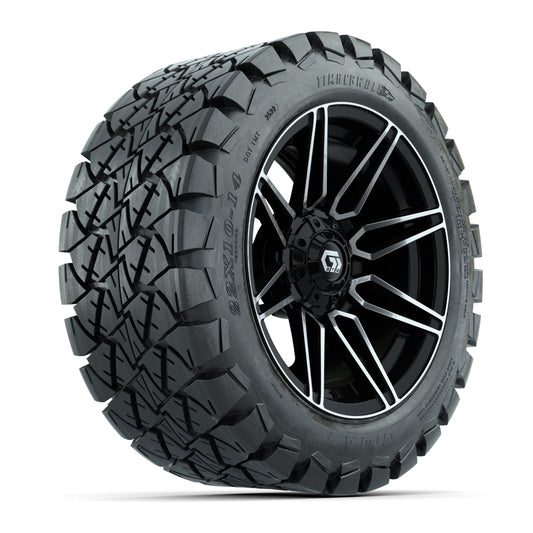 GTW® Stealth Gloss Black/Machined 14 in Wheels with 22x10-14 Timberwolf All-Terrain Tires Full Set