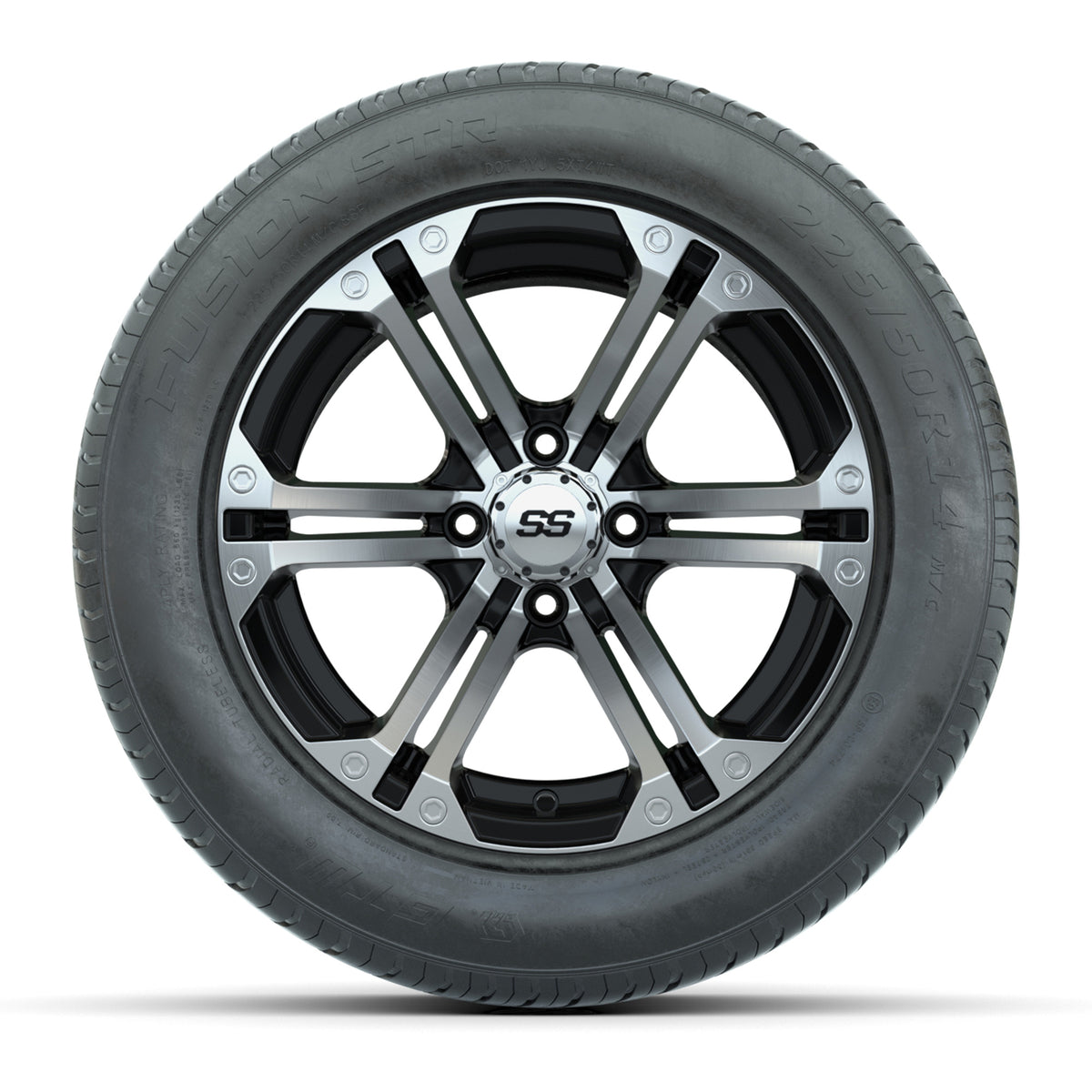 GTW® Specter Black and Machined 14" Wheels with 255/50-R14 Fusion STR DOT Approved Street Tires - Full Set