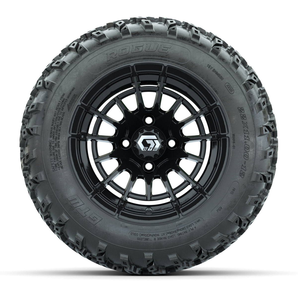 GTW® Boost Gloss Black 12 in Wheels with 22x11.00-12 Rogue All-Terrain Tires Full Set