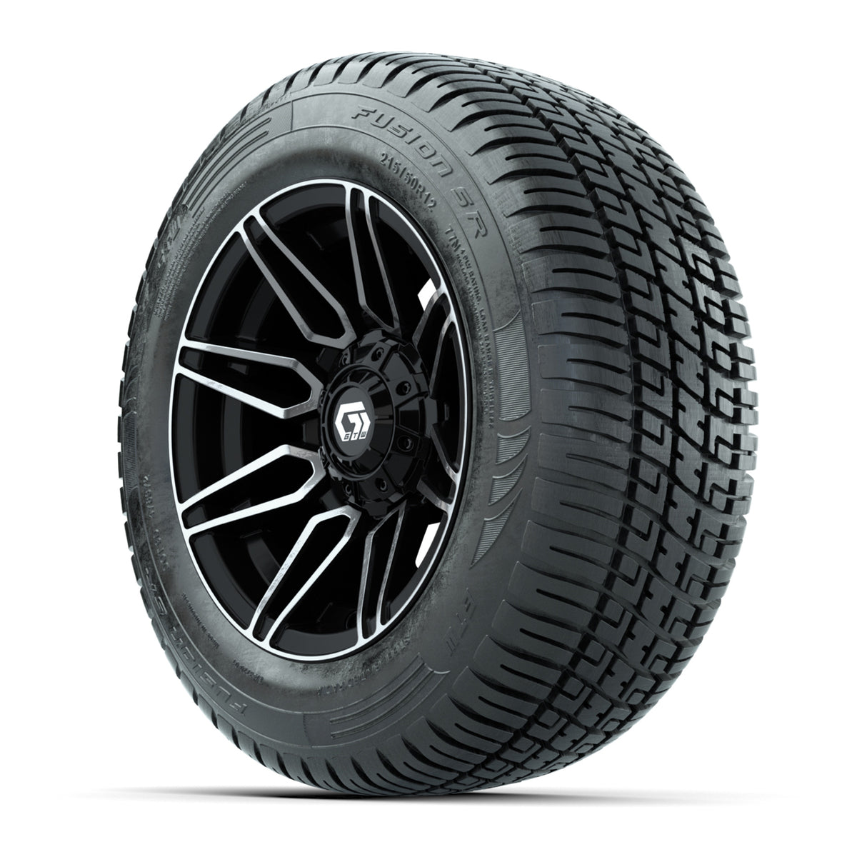 GTW® Stealth Black/Machined 12 in Wheels with 215/50-R12 Fusion S/R Steel Belt Radial Tires Full Set