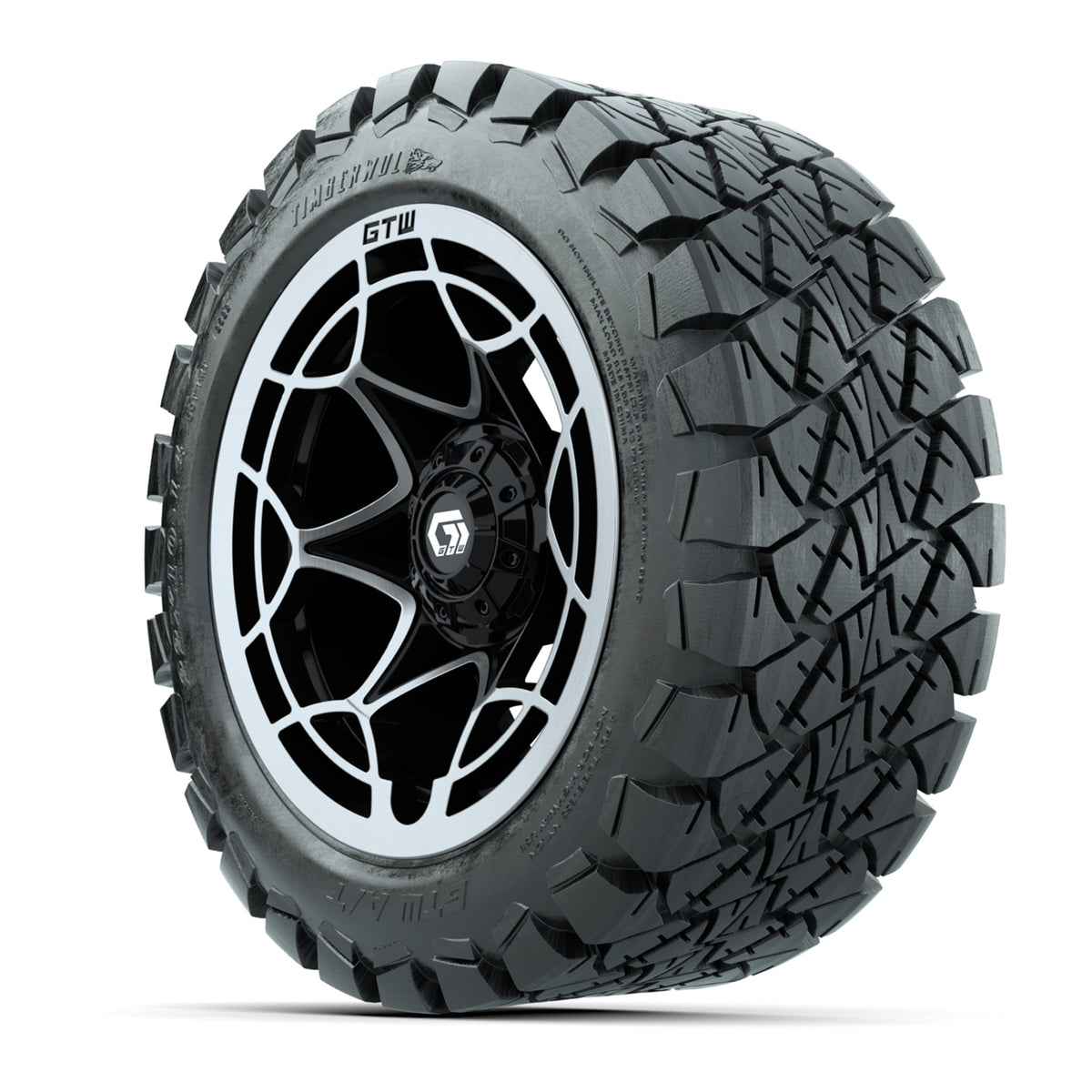 GTW® Nexus Gloss Black/Silver 14 in Wheels with 22x10-14 Timberwolf All-Terrain Tires Full Set