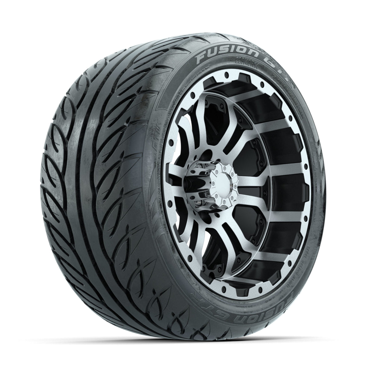 GTW Omega Machined/Black 14 in Wheels with 225/40-R14 Fusion GTR Street Tires Full Set