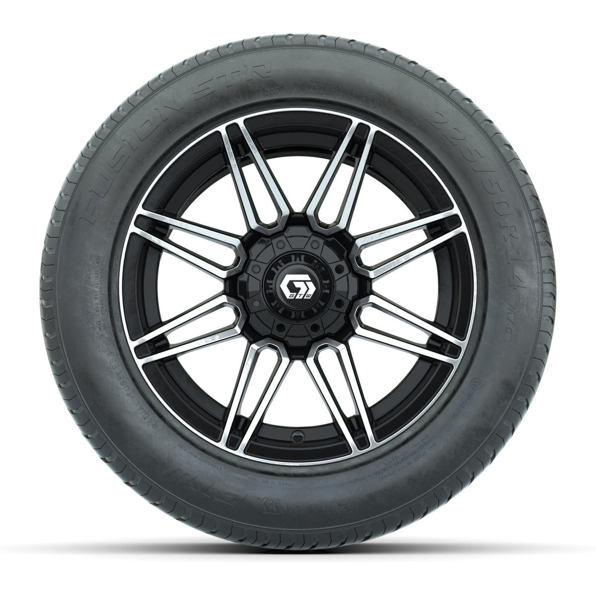 GTW Stealth Gloss Black/Machined 14" Wheel & 225/50-R14 Fusion STR Street Tire Package