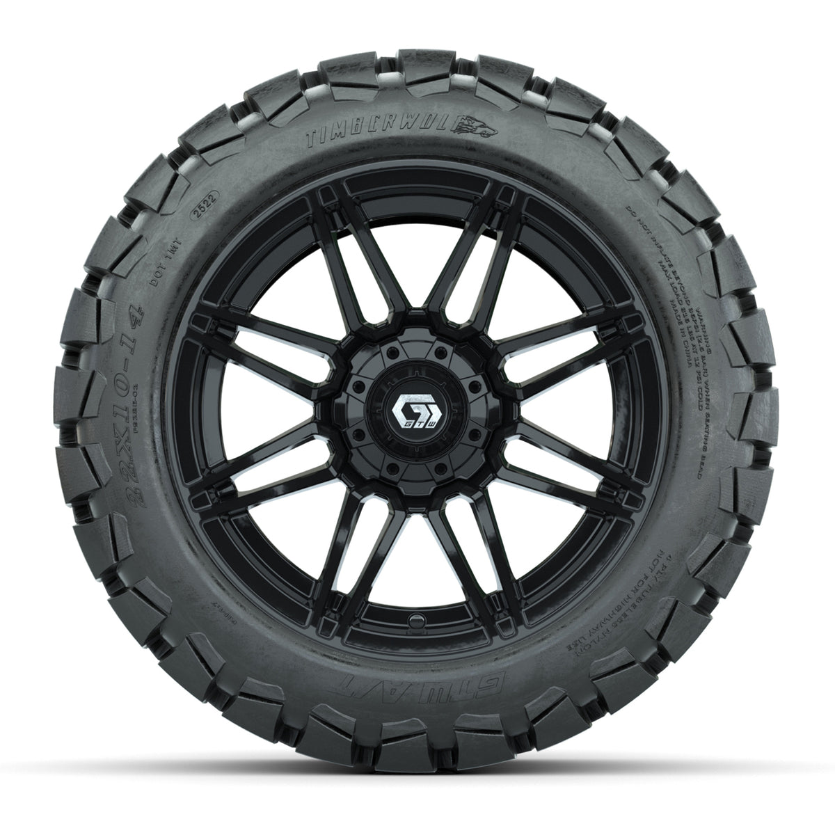 GTW® Stealth Gloss Black 14 in Wheels with 22x10-14 Timberwolf All-Terrain Tires Full Set