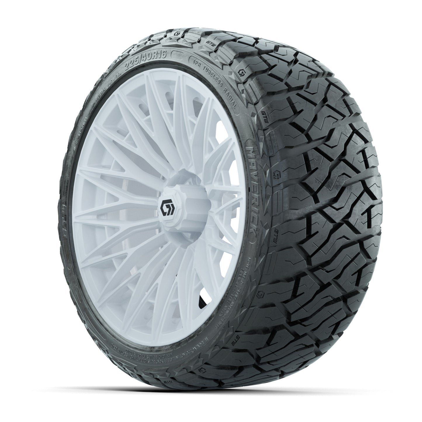 GTW 16" BLUR Gloss White Golf Cart Wheels & 225/40R16 Maverick All-Terrain Tires