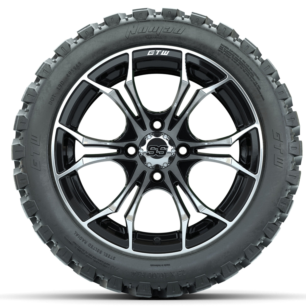 GTW Spyder Machined/Black 14 in Wheels with 23x10-14 GTW Nomad All-Terrain Tires Full Set
