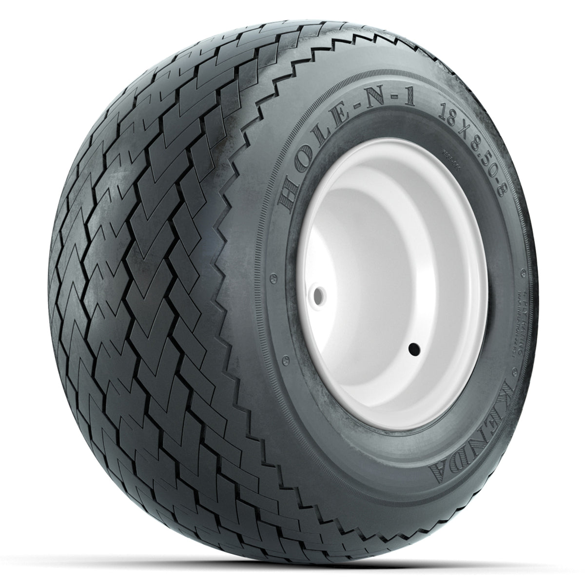 Set of (4) 8" White Steel Offset Wheels with 18 in Kenda Hole-N-1 Tires