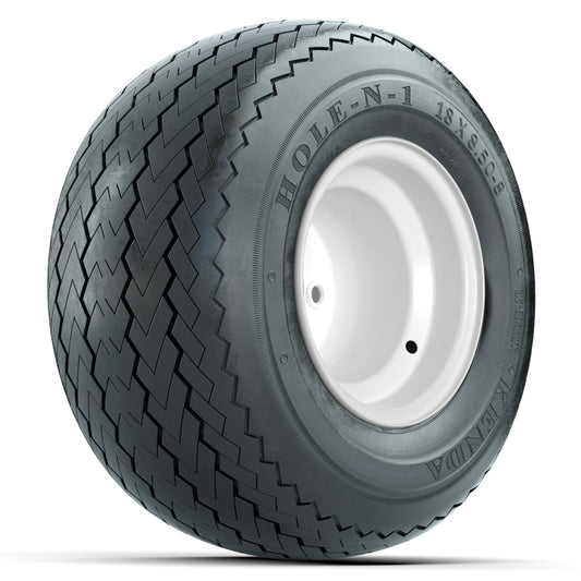 Set of (4) 8" White Steel Offset Wheels with 18 in Kenda Hole-N-1 Tires