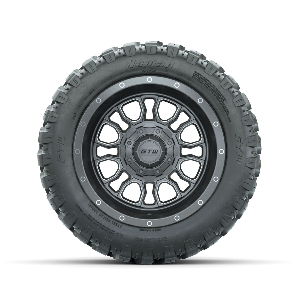 GTW Volt Gunmetal/Machined 12 in Wheels with 22x11-R12 Nomad All Terrain Tires Full Set