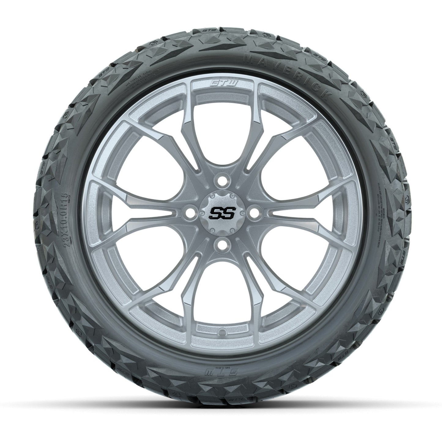 GTW Spyder Silver/Machined 15" Wheels & 23x10.00-R15 Maverick All-Terrain Tires – Set of 4