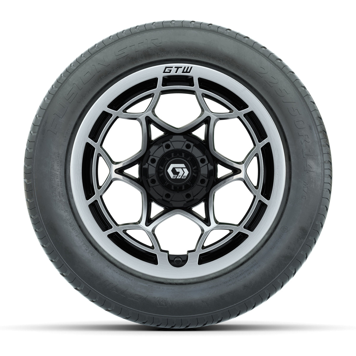 GTW® Nexus Gloss Black and Silver 14" Wheels with 255/50-R14 Fusion STR DOT Approved Street Tires - Full Set