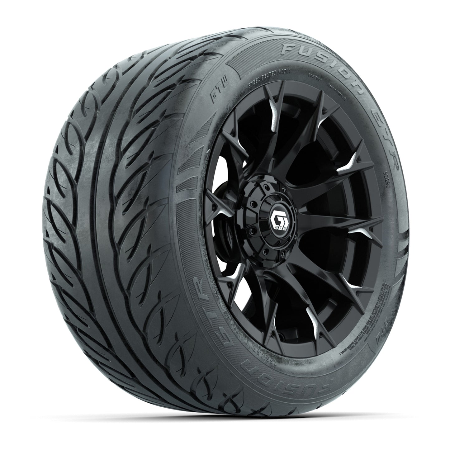 14" GTW® Diablo Gloss Black/Machined Golf Cart Wheels & 255/45-R14 Fusion GTR Radial Street Tires (Set of 4)