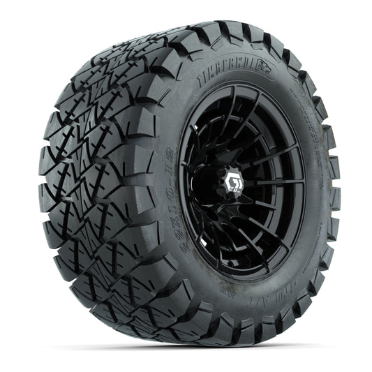 GTW® Boost Gloss Black 12 in Wheels with 22x10-12 Timberwolf All-Terrain Tires Full Set