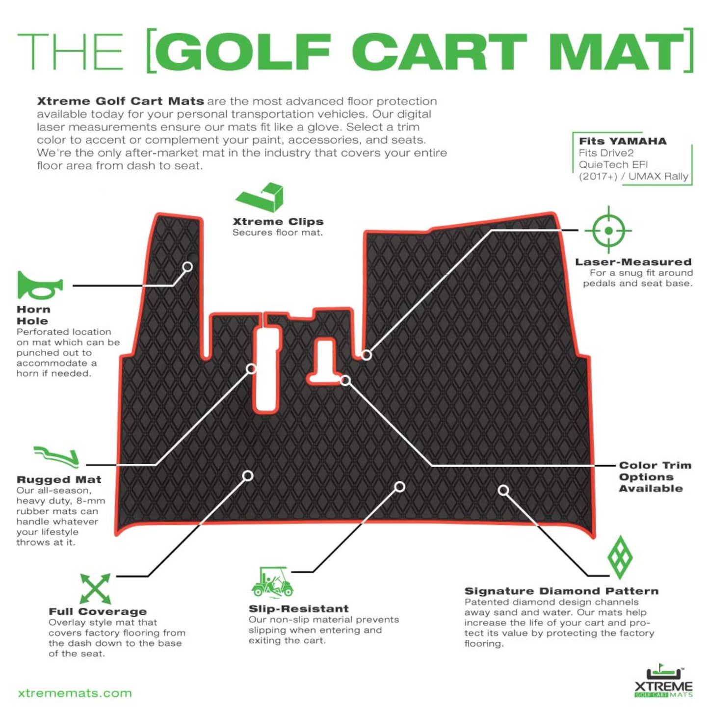 Xtreme Mats Full-Coverage Golf Cart Floor Mat | Yamaha Drive2 QuieTech EFI (2017+) / UMAX Rally – Black/Red