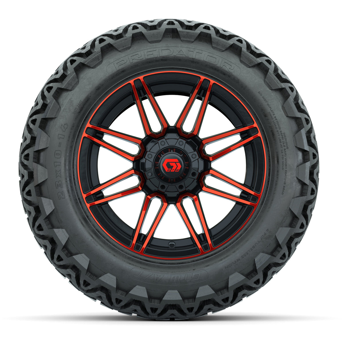 GTW® Stealth Gloss Black/Red 14 in Wheels with 23x10-14 Predator All-Terrain Tires Full Set