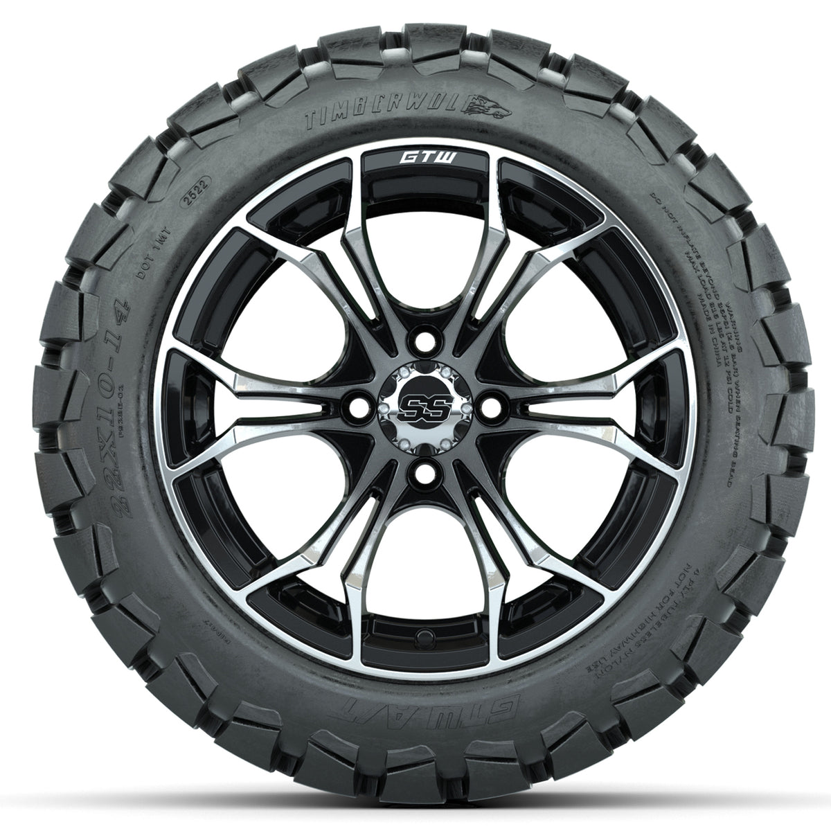 GTW Spyder Machined/Black 14 in Wheels with 22x10-14 GTW Timberwolf All-Terrain Tires Full Set