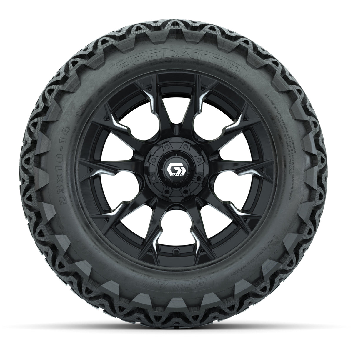 GTW® Diablo Gloss Black/Machined 14 in Wheels with 23x10-14 Predator All-Terrain Tires Full Set