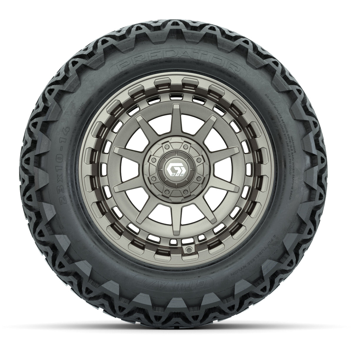 GTW® Barricade Satin Bronze 14 in Wheels with 23x10-14 Predator All-Terrain Tires Full Set