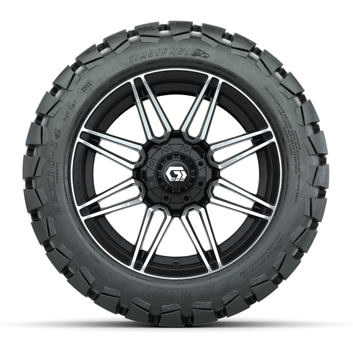 GTW® Stealth Gloss Black/Machined 14 in Wheels with 22x10-14 Timberwolf All-Terrain Tires Full Set