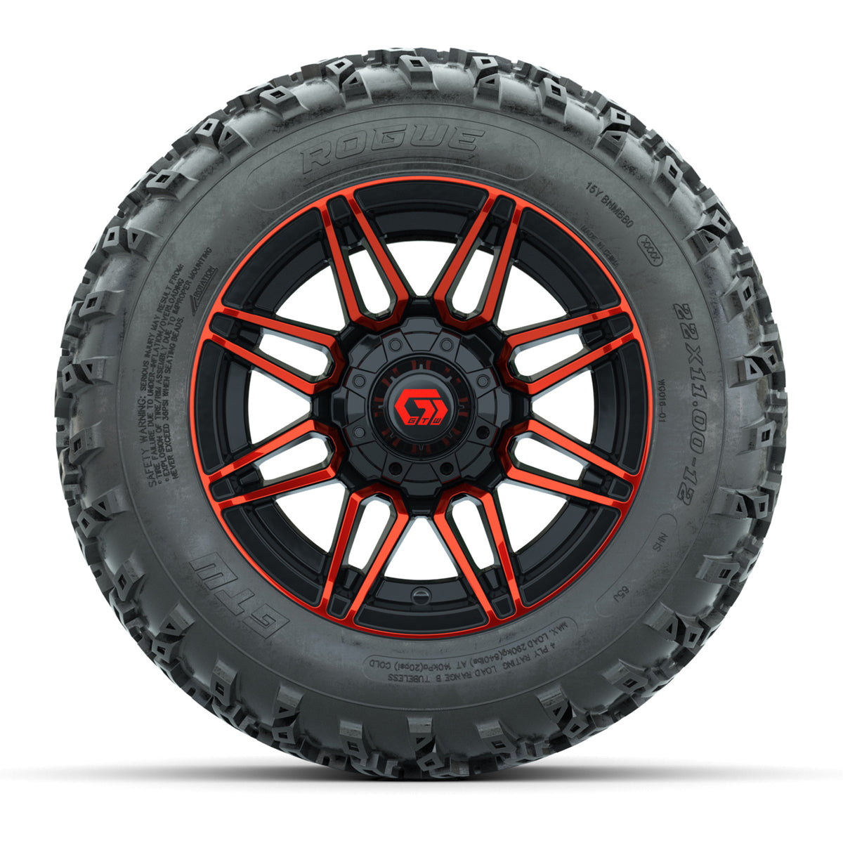 GTW® Stealth Black/Red 12 in Wheels with 22x11.00-12 Rogue All-Terrain Tires Full Set
