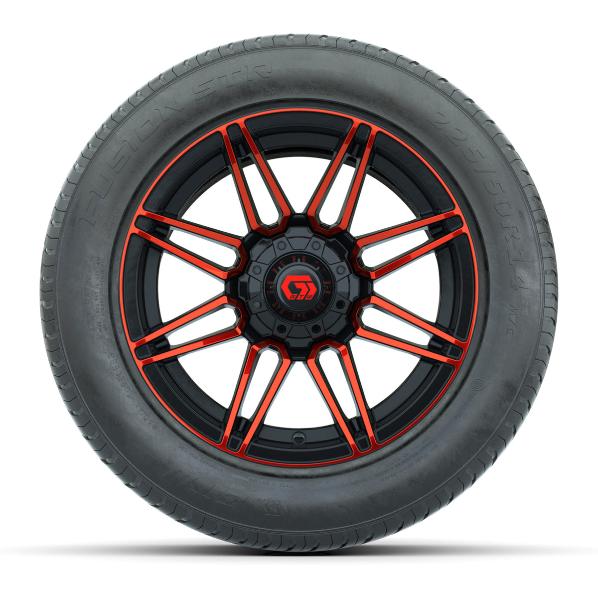 GTW Stealth Gloss Black/Red 14" Wheel & 225/50-R14 Fusion STR Street Tire Package