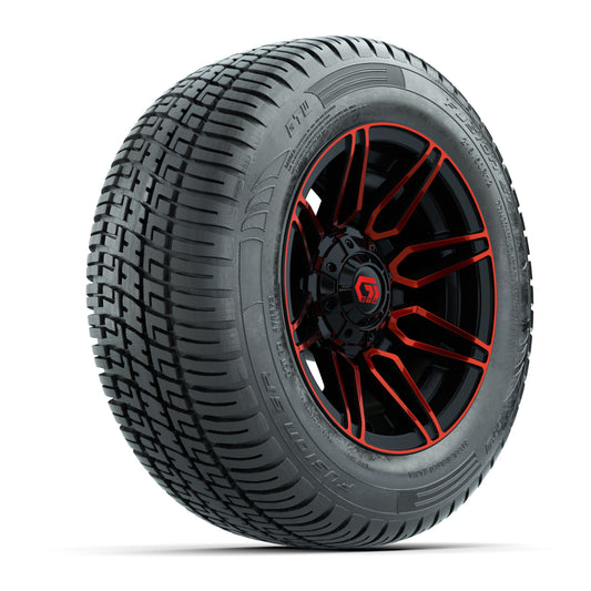 GTW® Stealth Black/Red 12 in Wheels with 215/50-R12 Fusion S/R Steel Belt Radial Tires Full Set