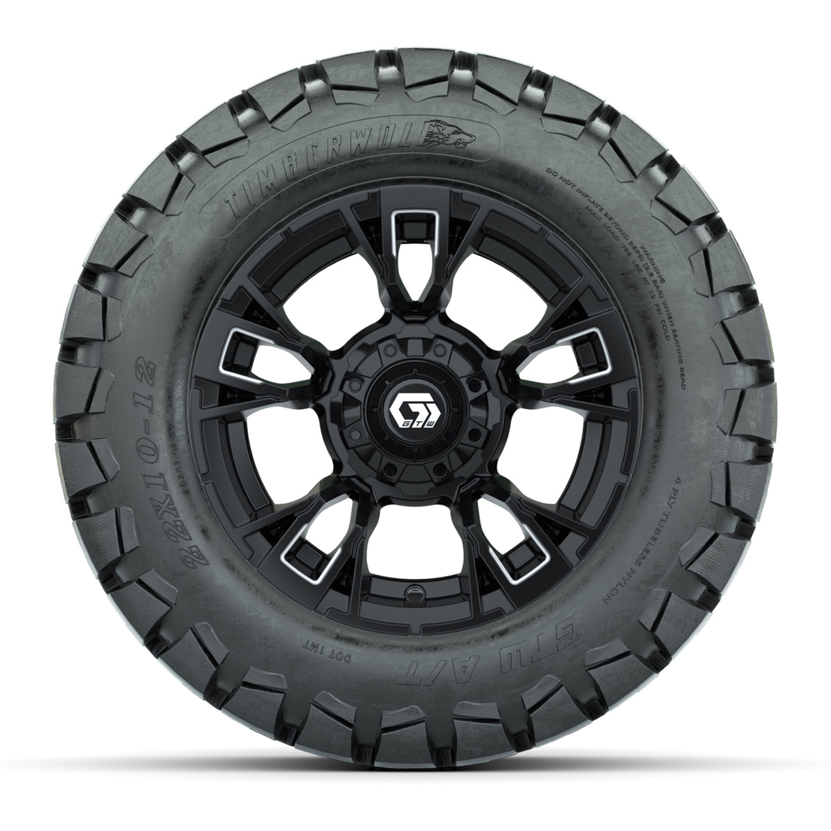 GTW® Vandal Matte Black/Machined 12 in Wheels with 22x10-12 Timberwolf All-Terrain Tires Full Set