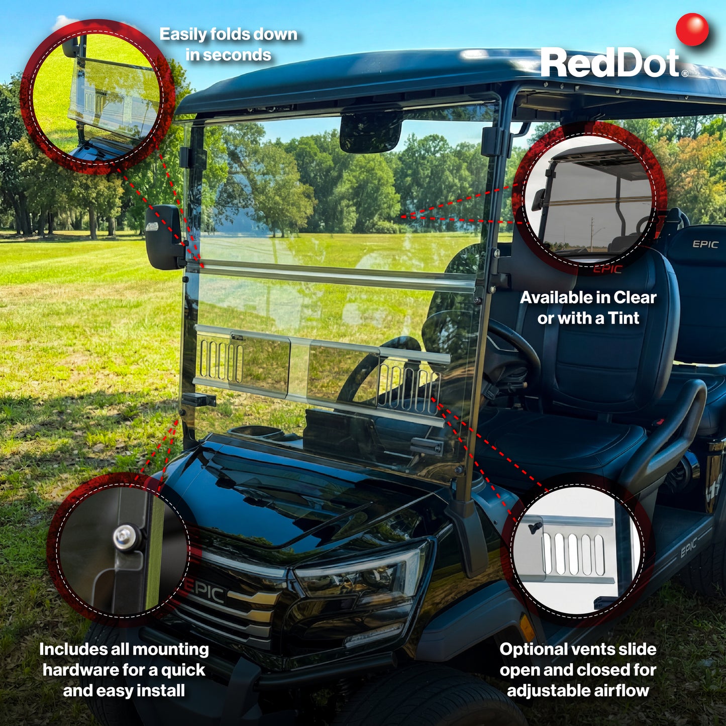 RedDot Tinted Folding Windshield for Epic E40FX Golf Cart (4-Forward Facing Seats)