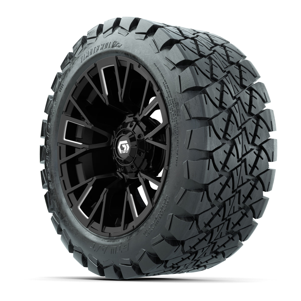 GTW® Vandal Matte Black/Machined 14 in Wheels with 22x10-14 Timberwolf All-Terrain Tires Full Set