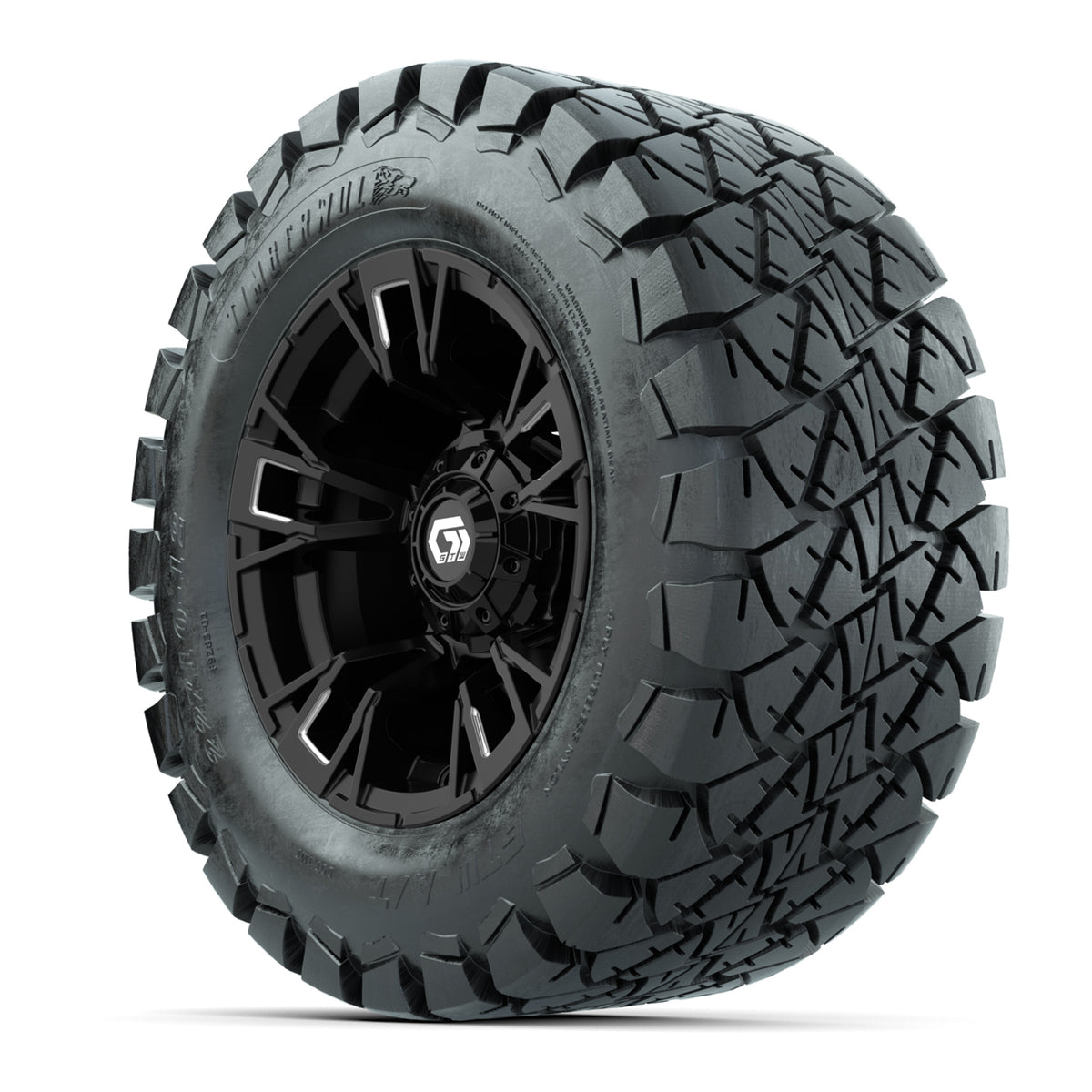 GTW® Vandal Matte Black/Machined 12 in Wheels with 22x10-12 Timberwolf All-Terrain Tires Full Set