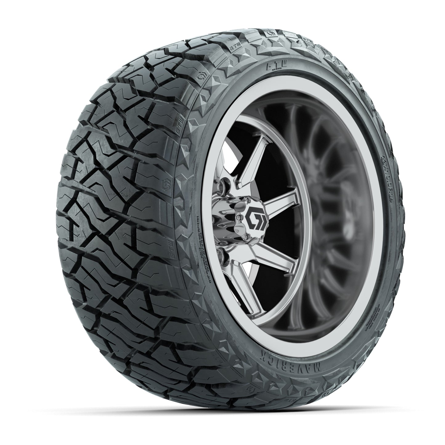 GTW Reaper Chrome 14" Golf Cart Wheels & 23X10-R14 Maverick Steel Belted Radial A/T Tires – Set of 4