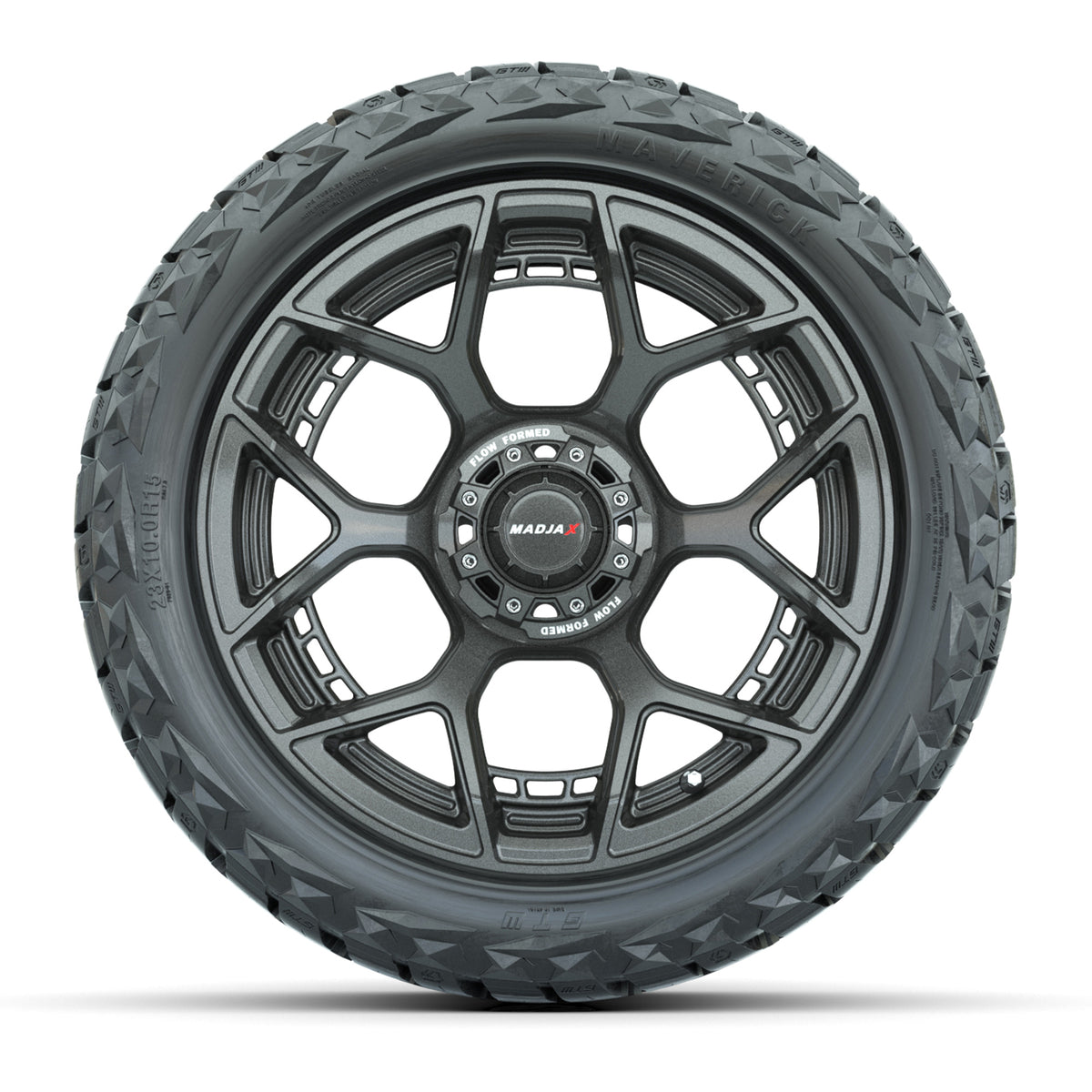 GTW MadJax® Flow Form Evolution Gunmetal 15 in Wheels with 23x10.00-R15 Maverick All-Terrain Tires – Full Set