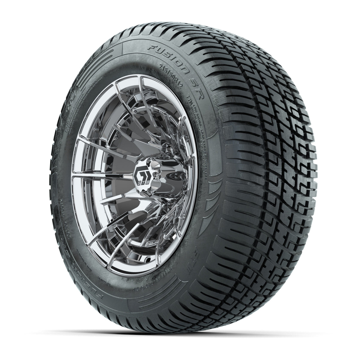 GTW® Boost Chrome 12 in Wheels with 215/50-R12 Fusion S/R Steel Belt Radial Tires Full Set