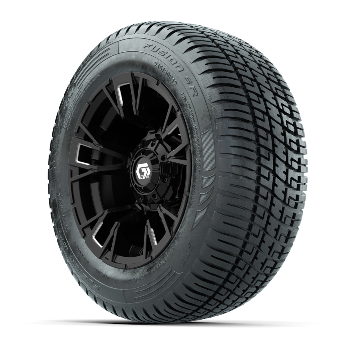 GTW® Vandal Matte Black/Machined 12 in Wheels with 215/50-R12 Fusion S/R Steel Belt Radial Tires Full Set