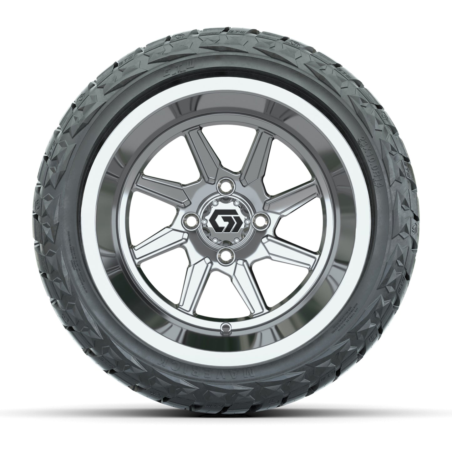 GTW Reaper Chrome 14" Golf Cart Wheels & 23X10-R14 Maverick Steel Belted Radial A/T Tires – Set of 4