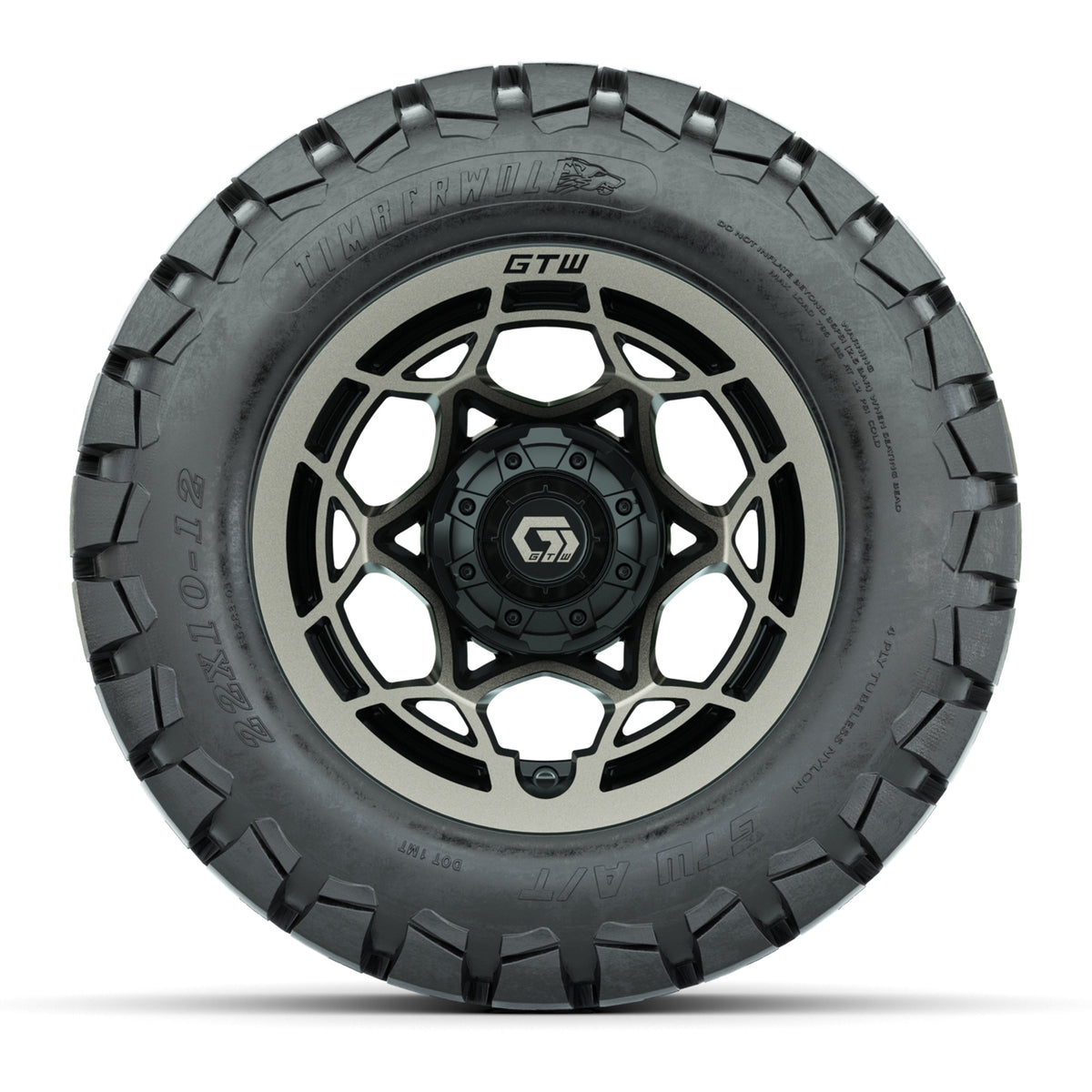 GTW® Nexus Gloss Black/Satin Bronze 12 in Wheels with 22x10-12 Timberwolf All-Terrain Tires Full Set