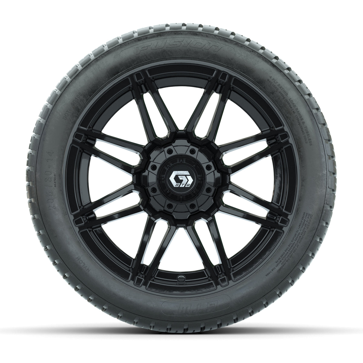 GTW® Stealth Gloss Black 14 in Wheels with 205/30-14 Fusion Street Tires Full Set