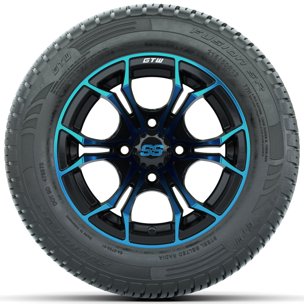 GTW Spyder Blue/Black 12" Wheels with 215/50-R12 Fusion S/R Street Tires Full Set