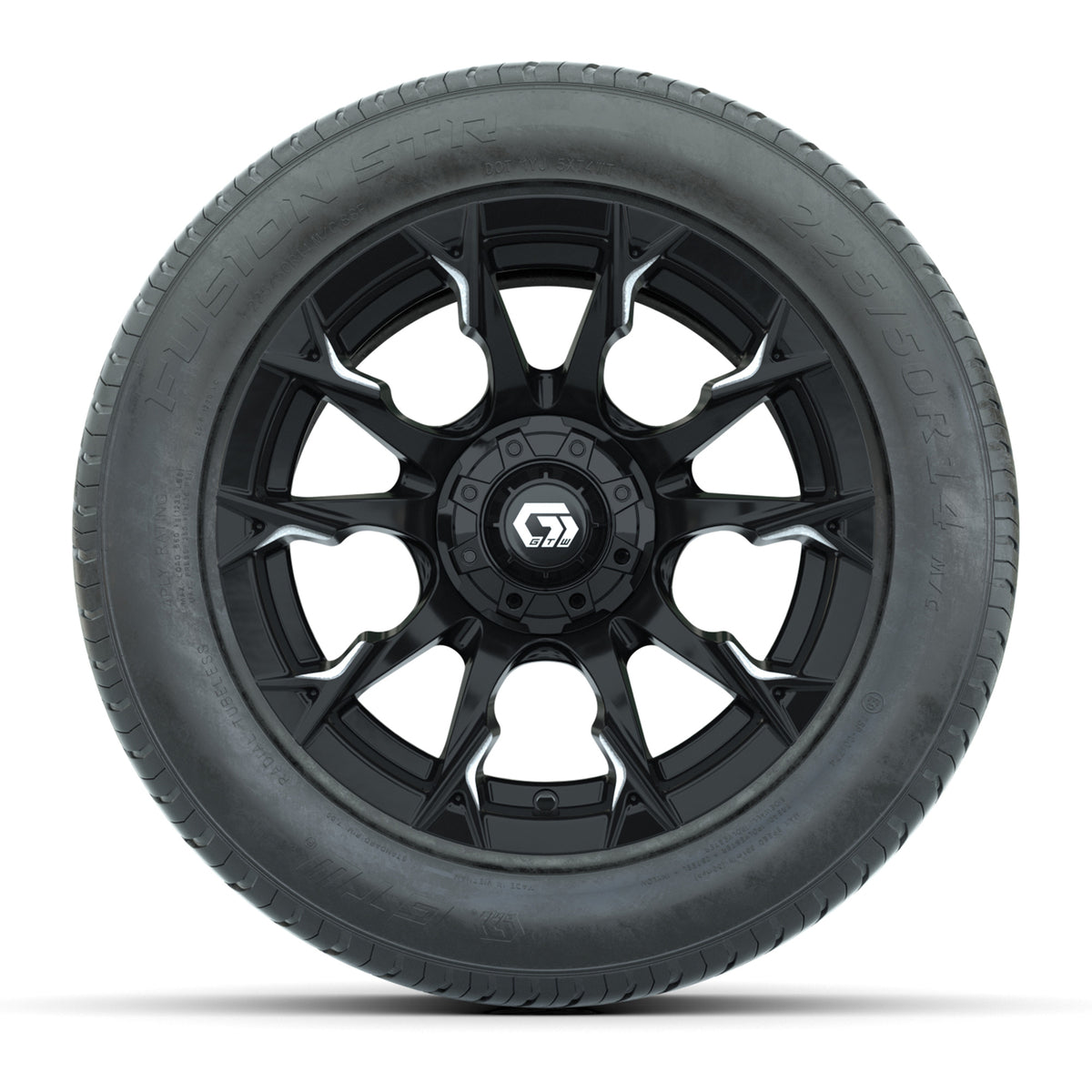GTW® Diablo Gloss Black and Machined 14" Wheels with 255/50-R14 Fusion STR DOT Approved Street Tires - Full Set