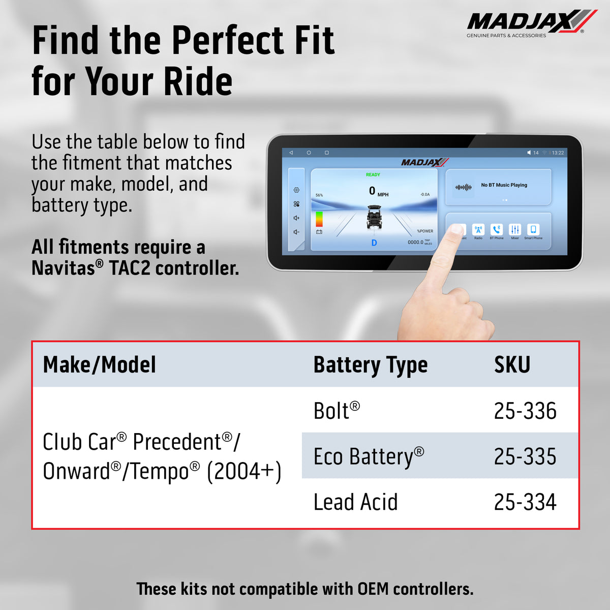 MadJax® Kinect™ Display Screen Kit for A/C motor Club Car Precedent/Tempo/Onward Eco Battery and Navitas TAC2