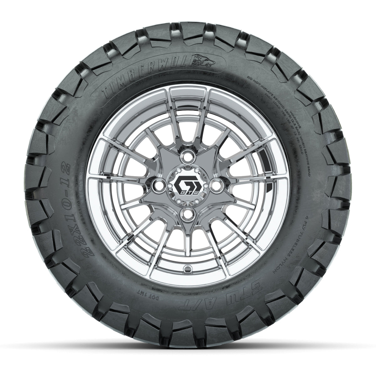 GTW® Boost Chrome 12 in Wheels with 22x10-12 Timberwolf All-Terrain Tires Full Set
