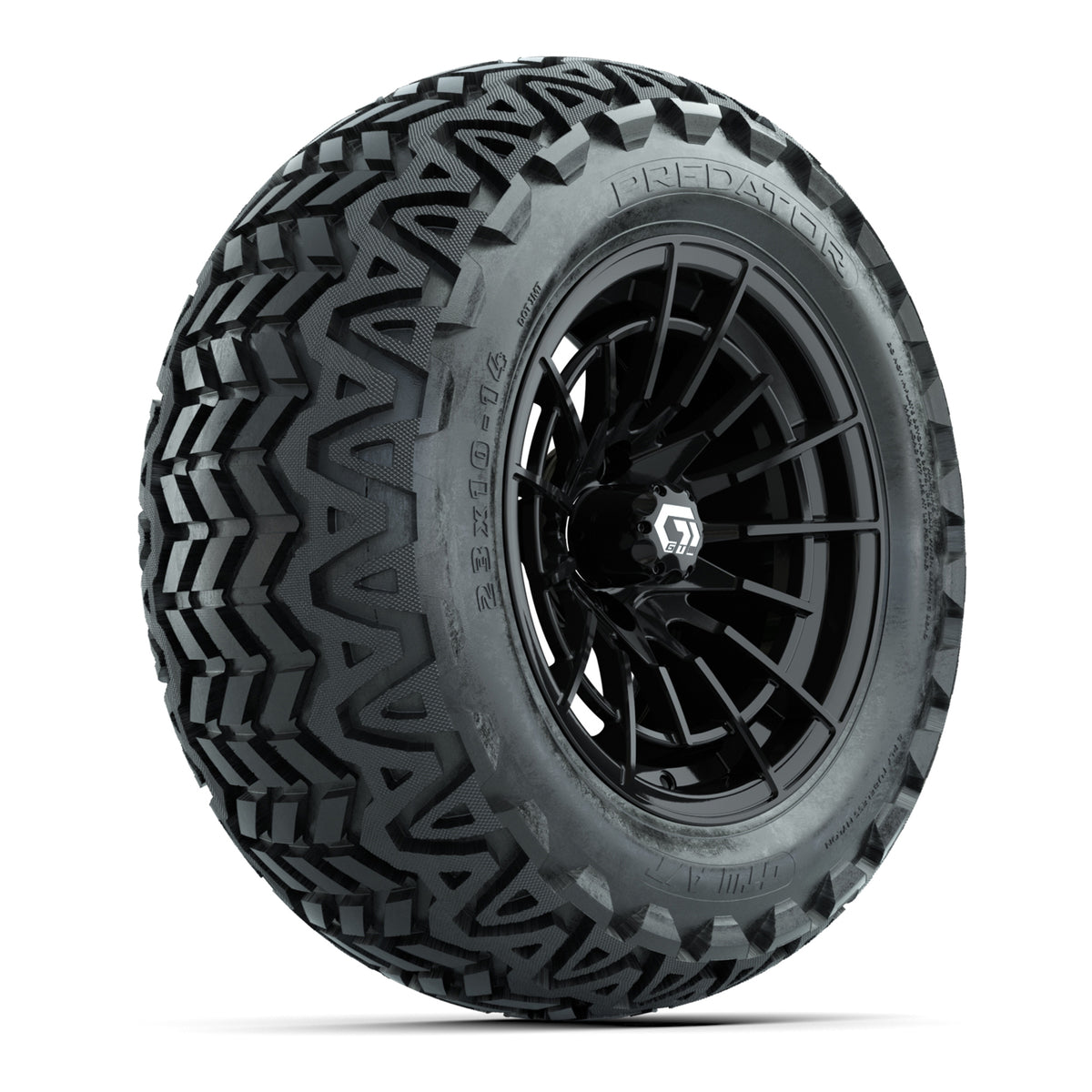 GTW® Boost Gloss Black 14 in Wheels with 23x10-14 Predator All-Terrain Tires Full Set