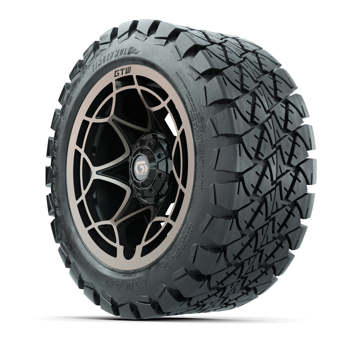 GTW® Nexus Gloss Black/Bronze 14 in Wheels with 22x10-14 Timberwolf All-Terrain Tires Full Set