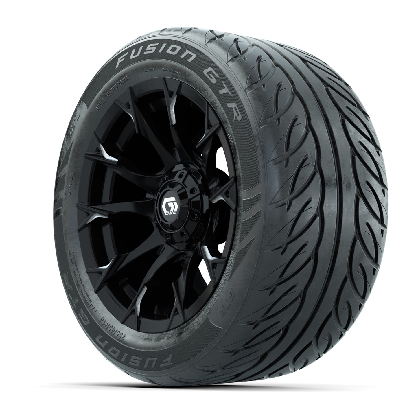 14" GTW® Diablo Gloss Black/Machined Golf Cart Wheels & 255/45-R14 Fusion GTR Radial Street Tires (Set of 4)