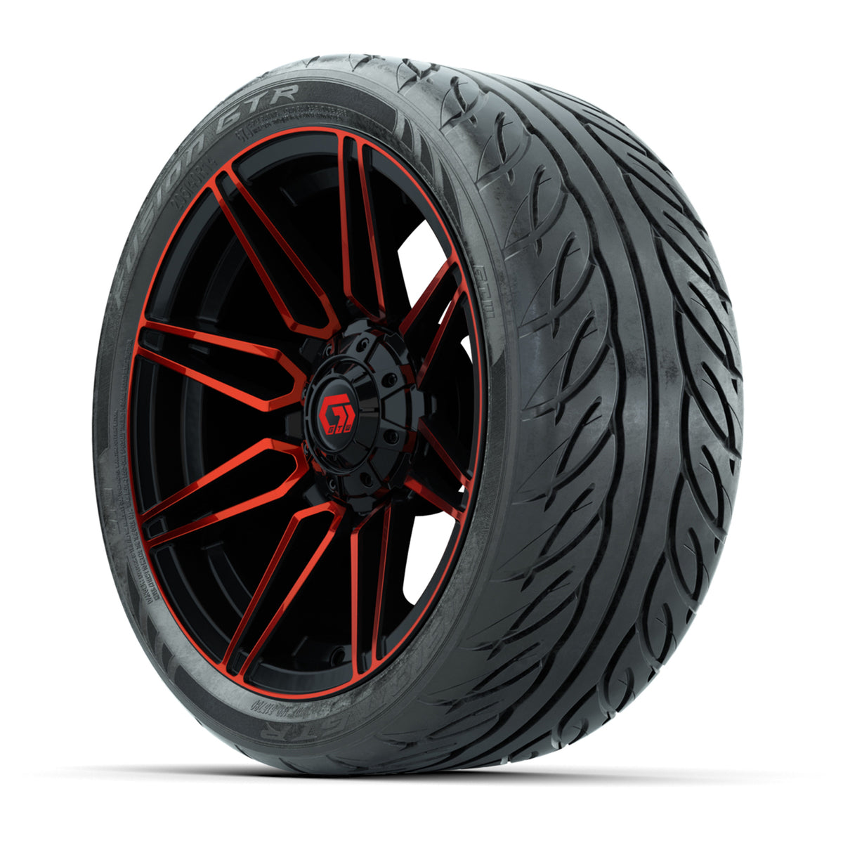GTW® Stealth Gloss Black/Red 14 in Wheels with 205/40-R14 Fusion GTR Steel Belted Street Tires Full Set